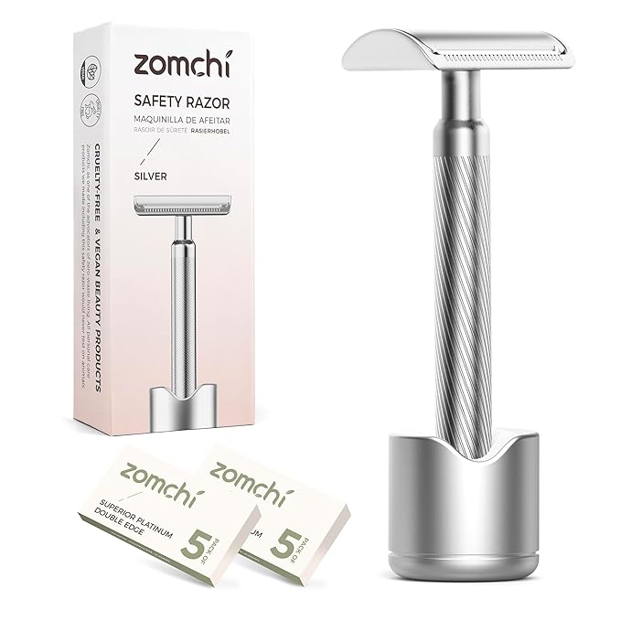 Double Edge Safety Razor with Stand, Version 2.0 Includes 10 Blades | Classic silver finish with a clean metallic look that complements any grooming setup.