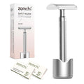Double Edge Safety Razor with Stand, Version 2.0 Includes 10 Blades | Classic silver finish with a clean metallic look that complements any grooming setup.