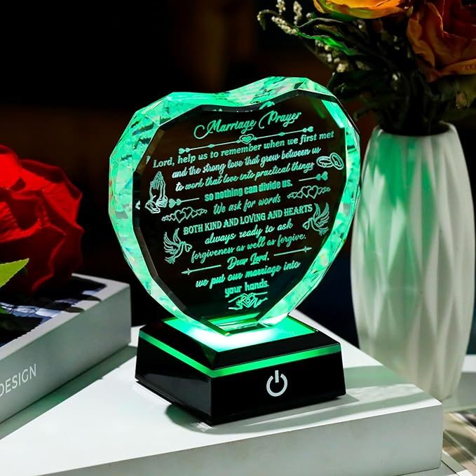 Crystal Marriage Prayer Gifts for Couple Heart-shaped Wedding Keepsake with LED Base for Her Him Romantic Anniversary Plaque for Wife Husband on Valentine's Day Birthday Wedding Engagement