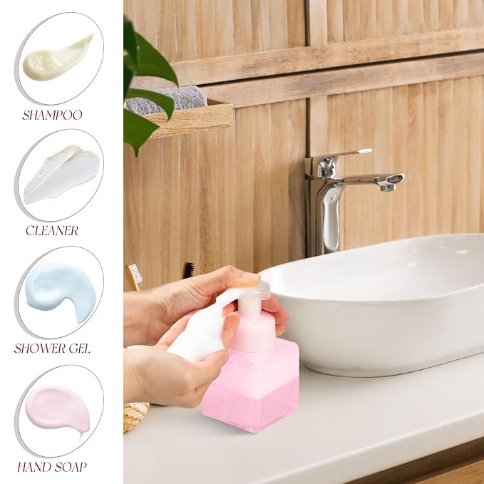 Domensi Foaming Soap Dispenser 8.5 oz Foam Pump Bottle Bulk Empty Travel Foaming Dispenser Refillable Hand Soap Plastic Pump Bottle Travel Clear Container for Bathroom Vanities(12 Pcs,Pink)