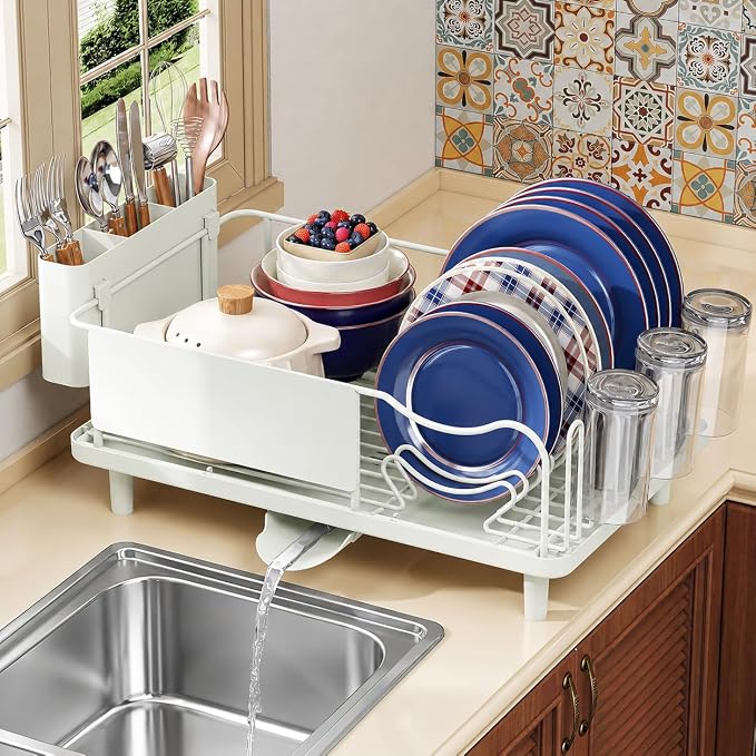 KINGRACK Dish Drying Rack for Kitchen Counter, Dish Drainer with Cup Holder | 16.9"L x 12.4" W Dish Rack with Spacious Drying Capacity, Quick Auto Dish Drainer for Plate Dish Dinnerware, Pale Green