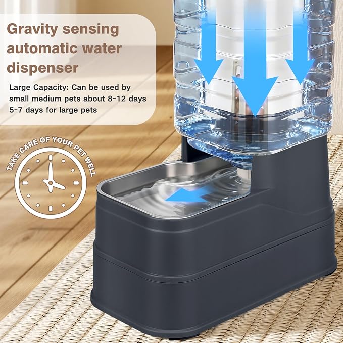 1.1 Gallon Pet Automatic Dog Water Dispenser Cat Gravity Waterer Feeder with Stainless Steel Bowl 8L Large Capacity Puppy Feeding Raised Bowls with Filter,Ice Pack (Charcoal Gray, 4L(1.1 Gallon))