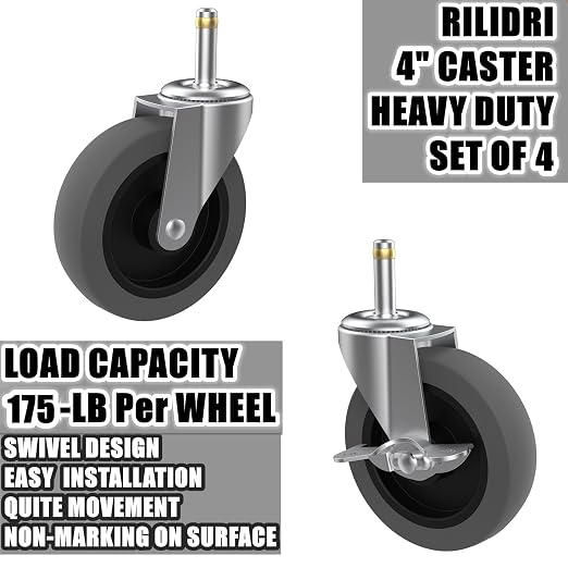 RILIDRI 4-Inch Swivel Stem Caster for Rubbermaid Mop Bucket Utility Cart, 7/16-Inch Stem Diameter Rubber Wheel Set of 4, Heavy Duty TPR Weber Grills Shop Vac Replacement Wheels