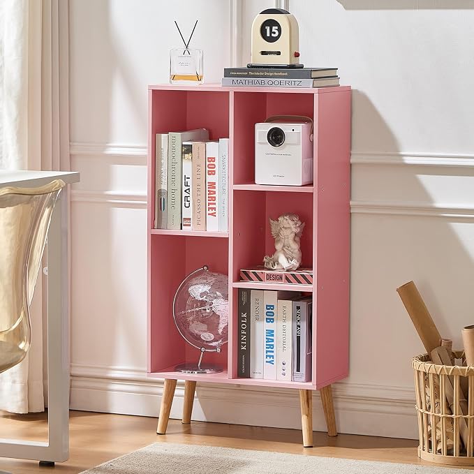 LEYAOYAO 5 Cube Bookshelf,Mid-Century Modern Bookcase with Legs,Light Pink | 3 Tier Book Shelf,Rustic Wood Bookshelves Freestanding Small Storage Organizer, Open Shelves for Bedroom, Living Room, Office