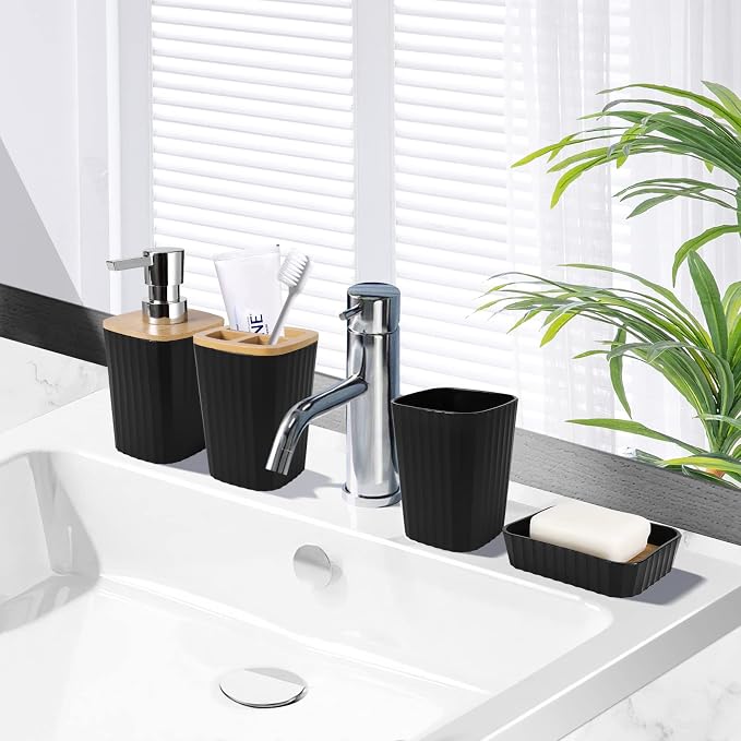 XLHOMO Black Bathroom Accessories Set, 9PCS Bathroom Accessory Set with Trash Can,Tray,Soap Dispenser,Toothbrush Holder,Toothbrush Cup,Soap Dish,Toilet Brush and Q-tip Holders for Housewarming