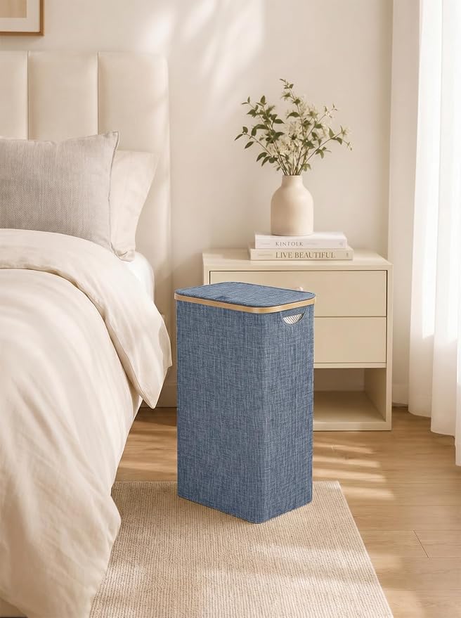 iEGrow Laundry Basket with Lid, 110L Large Laundry Hamper with Banboo Handle, Dirty Clothes Hamper with Removable Inner Bag for Laundry Room Organization- Blue