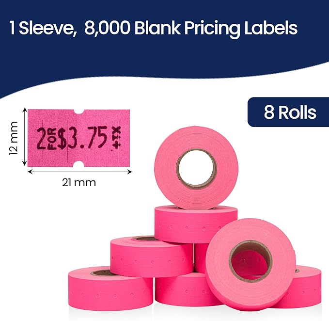 Perco 1 Line Fluorescent Pink Labels - 8,000 Blank Price and Date Gun Labels for Perco Lite, X, Plus and Pro 1 Line Price and Date Guns - 8 Rolls, 1 Sleeve - Made in USA