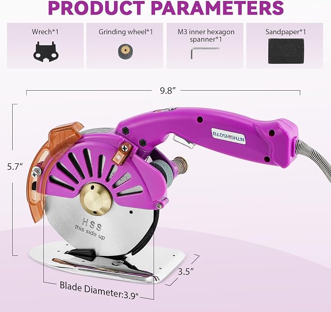 BAOSHISHAN 100mm Plug-in Electric Fabric Rotary Cutter Heavy Duty | Speed Adjustable Round Blade Fabric Cutting Machine for ≤1.06 inch Thickness Multilayer Fabric Leather Cloth Carpet (Purple)