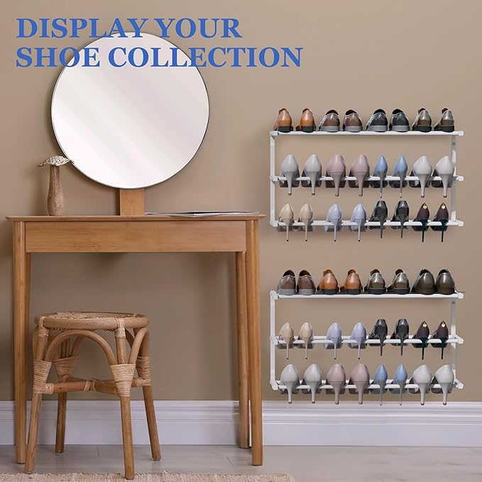 Wall Mounted Shoe Rack, 3 Tier Hanging Shoe Rack Holds 12 Pairs, 17"-30" Adjustable Heavy Duty Metal Shoe Organizer Holder with 2 Storage Hooks, Space Saving for Closet Entryway Doorway（White
