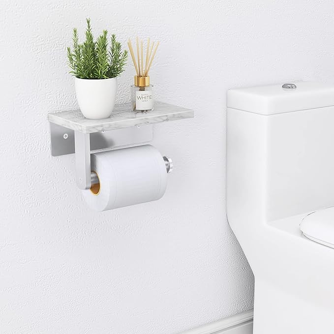 Gypie Brushed Nickel Toilet Paper Holder with Natural Marble Shelf, Screw Wall Mounted, Tissue Roll Holder for Bathroom Washroom