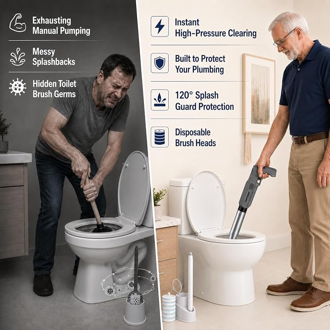Electric Toilet Plunger and Disposable Brush Bundle, Heavy Duty High Pressure Air Unclogger Tool, 360° Toilet Wand Cleaning System with Caddy & 6 Refills