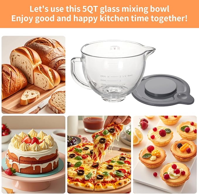 XINBOOG 5QT Glass Bowl Compatible with KitchenAid 4.5-5 QT Tilt Stand Mixer | 5Qt Glass Mixing Bowl Replacement with Lid, with Measurement Markings & Handle