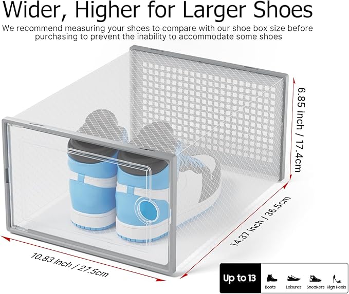 Kuject XX-Large Shoe Storage Boxes Organizers Clear Plastic Stackable 12 Pack, Shoe Rack & Holder Substitute, Sneaker Containers, Shoe Storage Organizer Bins for Closet, Under Bed, Grey(No Fold Line)