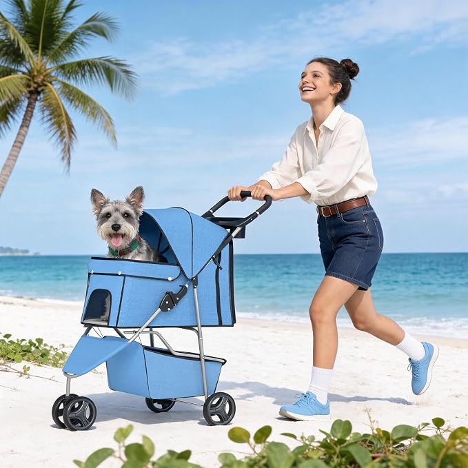 BestPet | 3-Wheel Pet Stroller | Dog and Cat Stroller | Breathable Mesh | Lightweight Travel Carrier | Waterproof & Foldable Design | Storage Basket | Blue | for Daily Walks & Outdoor Use