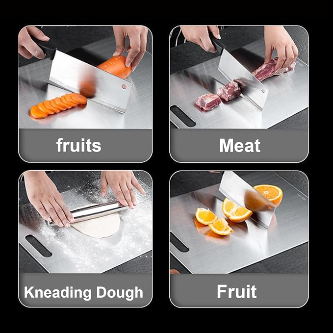 Stainless Steel Cutting Board with Lip, Katori Cutting Boards for Kitchen Double Sided Non Toxic & Non Moldy, Dishwasher Safe Gift for Home Cooks/Outdoor Camping, Fit Meat/Vegetable/Fruit (1PC-L)