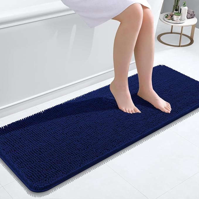 OLANLY Bathroom Runner Rugs 47x17, Extra Soft Absorbent Chenille Bath Rugs, Rubber Backing Quick Dry, Machine Washable Long Bath Mats for Bathroom Floor, Tub and Shower, Home Decor Accessories, Navy