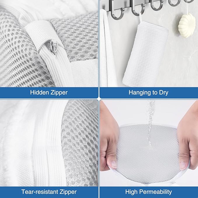 Teletrogy Shoe Washing Bag for Washing Machine, Fluffy Fibers Keep 360° Wrap-around Cleaning, Adjustable Shoe Trees, Durable Hidden Zipper Reusable Laundry Bag for Sneaker Gym Shoes White