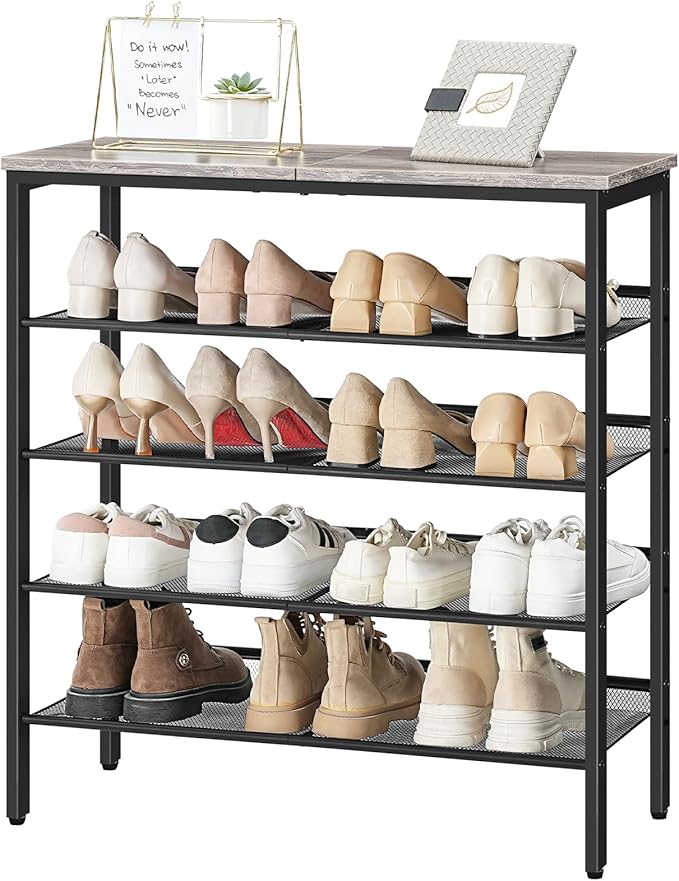 HOOBRO Shoe Rack for Entryway, 5-Tier Shoe Organizer with Adjustable Mesh Shelves, 16-20 Pairs of Shoes, Spacious Floor Mount, Metal, Industrial, Shoe Shelf for Closet, Greige BG12XJ01