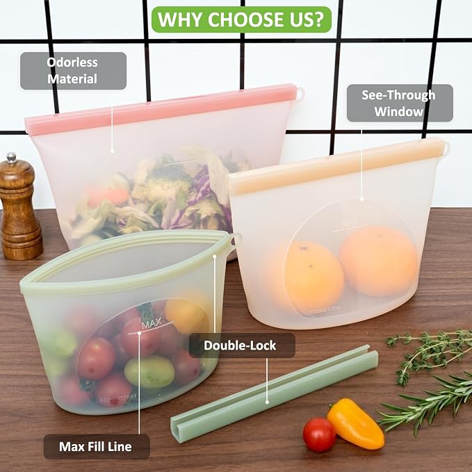 100% Reusable Silicone Bags for Food Storage, 12 Pack Double-Lock Reusable Bags Stand-Up Wide-Mouth Leakproof for Soup, Sous Vide, Freezer Microwave Dishwasher Safe, 4 Half Gallon 4 Sandwich 4 Snack