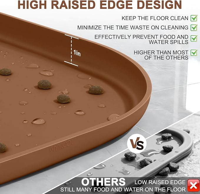 SMILOOL Waterproof Silicone Pet Food Mat with Raised Edge for Dog & Cat | 36" x 24" Non-Slip Large Pet Feeding Mats with Lip for Food & Water Bowl, Food Grade, Easy Cleaning, Brown