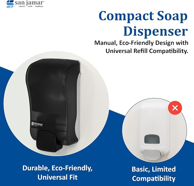 San Jamar Manual Soap Dispenser – 1300 mL Capacity Liquid Dispenser for Bulk Foaming Soaps, Wall Mount, Refillable with Transparent Reservoir Easy Push Bar for Commercial or Office Use, Black Pearl