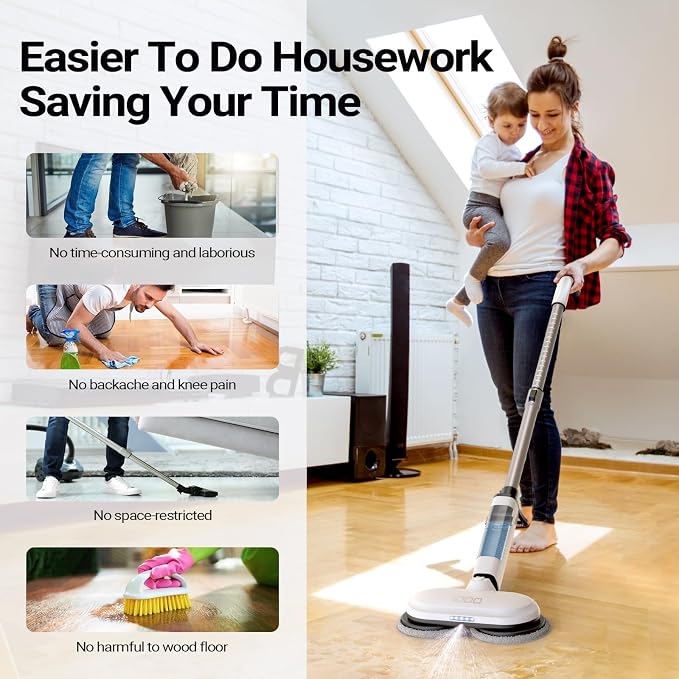 iDOO Electric Cordless Spin Mop, Electric Mops for All Floor with Sprayer & LED Headlight, Quiet Self Propelled, Water Tank 4 Replaceable Heads, for Women
