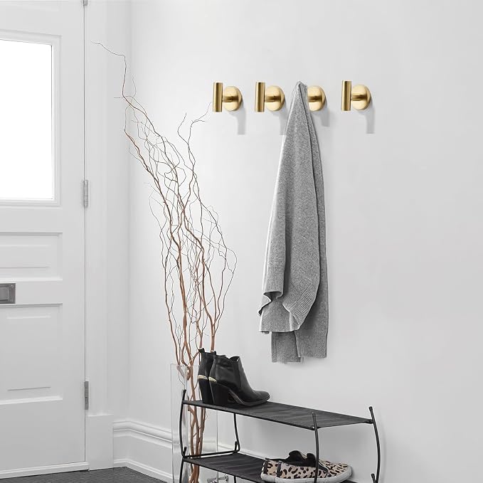 Wall Mounted Bathroom Towel Hooks for Hanging Clothes,Hat,5 Pack Champagne Brass Coat Hook Robe Hooks.Suitable for Hotels and bathrooms.