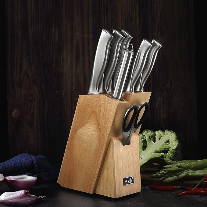 Knife Set, 8 Piece German Stainless Steel Hollow Handle Manual Knife Sharpener Forged Kitchen Knives Set with Oak Wooden Block Gift