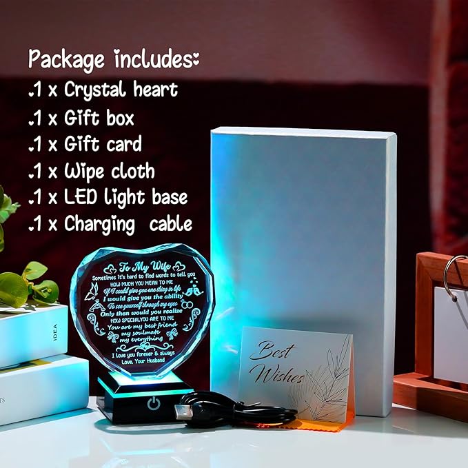 Arikyrist Gifts for Wife Mothers Day Heart Crystal Keepsakes to My Wife with Colorful Base Anniversary Birthday Gifts for Wife from Husband