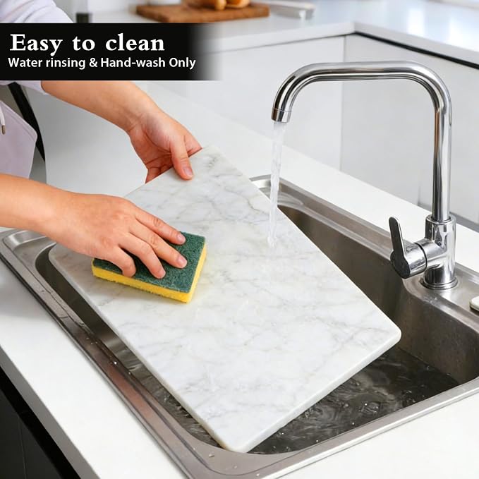 Marble Cutting Board for Kitchen 16×12 Inch Italian Carrara White | Natural stone, 0.59" thick, non-slip feet, stay cool for dough/butter, ideal for pastry, cheese, charcuterie, pizza, bread