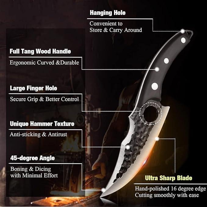 DRGSKL Huusk Japan Knife Upgraded Version, Fillet Caveman Viking Knives | High Carbon Steel ATS-34, Portable Sheath, Full-Tang Wood Handle, Gift Box, Anti-sticking & Antirust Hammer Texture