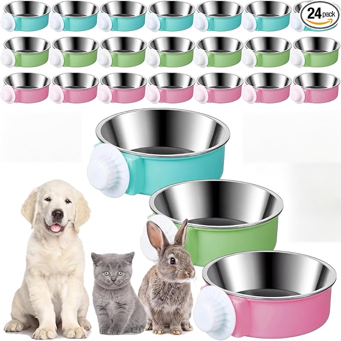 24 Pcs Crate Bowls Bulk Puppy Dog Bowls for Kennel Removable Stainless Steel Crate Water Bowl Kennel Hanging Food Feeders Coop Cup for Cat Puppy Rabbit Birds Ferret Guinea Pigs