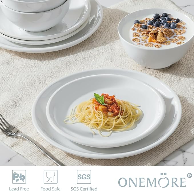ONEMORE Plates and Bowls Set 12 Pcs,Stoneware Dinnerware Sets for 4 Microwavable,Oven & Dishwasher Safe Porcelain,Scratch Resistant Dishes Set,White
