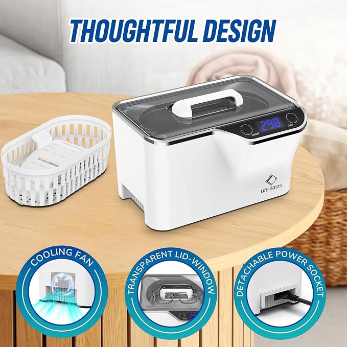 LifeBasis Ultrasonic Cleaner – 45kHz Professional Ultrasonic Jewelry Cleaner 600ML with Built-in Cooling Fan, 5 Digital Timer for Rings, Coins, Watches, Eyeglasses, Dentures, Retainers & More, White
