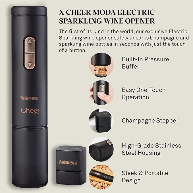 Wine Enthusiast x Cheer Moda Electric Sparkling Wine Opener – Automatic Champagne Bottle Opener with Cork Release & Stopper – Stainless Steel Electric Wine Tool – Battery Powered – U.S. Exclusive