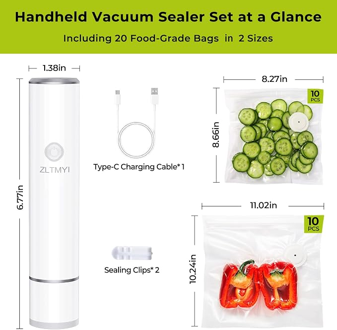 Handheld Vacuum Sealer for Food with 20 Reusable Vacuum Bags | 65kpa Compact Portable Pump, USB-C Rechargeable, One-Touch Auto Stop, Food Storage, Meal Prep, Freezer And Sous Vide