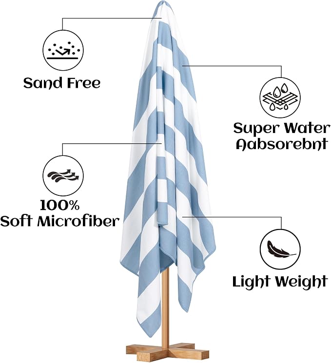 Touchat 4 Pack Beach Towels Stripe Microfiber Beach Towel Sand Free Quick Dry Swim Pool Towels for Adult, 30'' x 60'' Lightweight Travel Bath Towel, Camping | Ultra-Portable, Multi-Functional, Blue