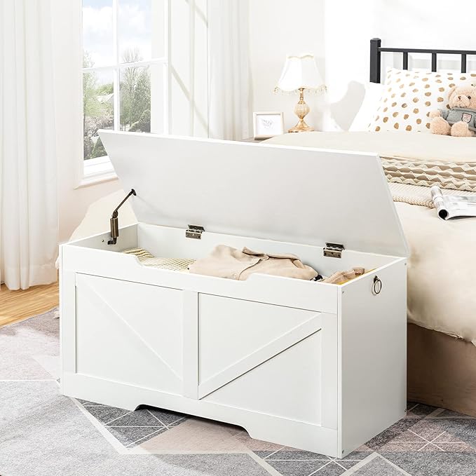 HOOBRO Storage Bench, 39.4” Retro Wooden Storage Chest with U-Shaped Cut-Out Pull, Safety Hinge, Supports 220 lb and Easy Assembly for Toy Box Organizer (White) WT771CW01G1