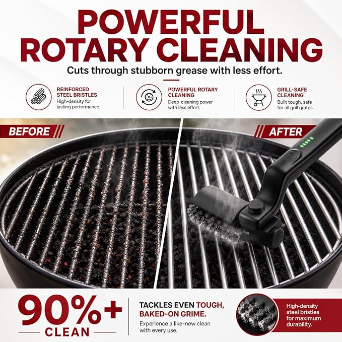 Electric Grill Brush Rechargeable, Cordless Rotary BBQ Cleaner with 3 Speeds, 180° Adjustable Head, Detachable Brush Heads for Outdoor Gas and Charcoal Grills, Black