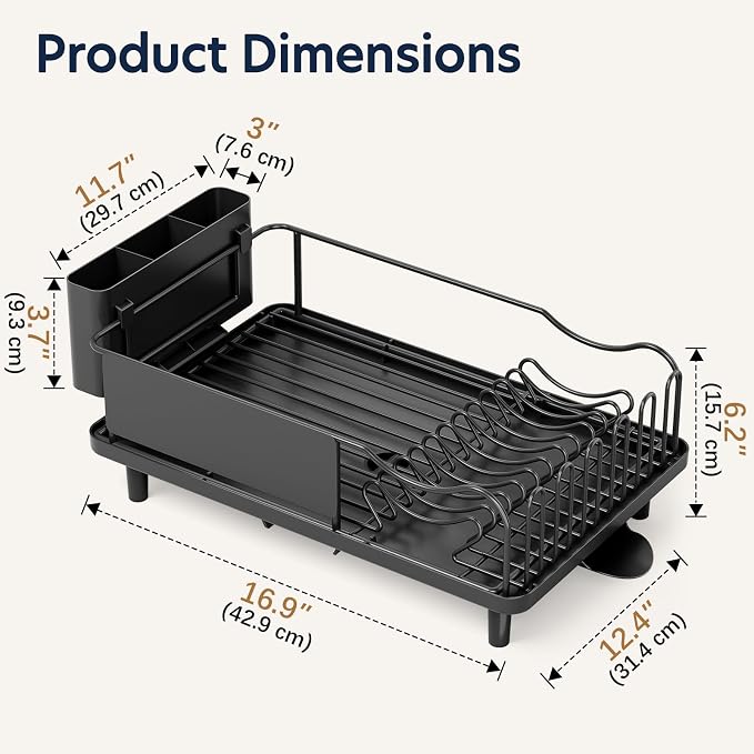 KINGRACK Dish Drying Rack for Kitchen Counter, Dish Drainer with Cup Holder | 16.9"L x 12.4" W Dish Rack with Spacious Drying Capacity, Quick Auto Dish Drainer for Plate Dish Dinnerware, Black