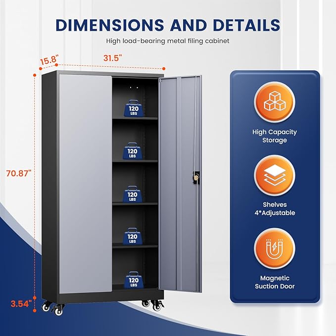 Metal Garage Storage Cabinet with Locking Doors and Adjustable Shelves,- 75" Rolling Steel Tool Cabinet for Home Office,Garage,Warehouse