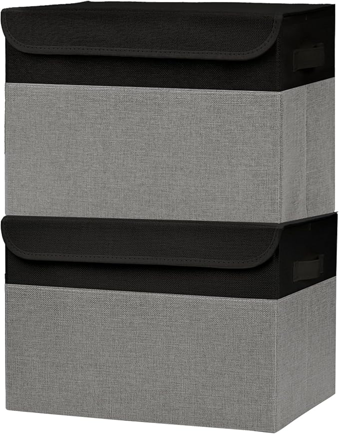 Bagnizer Large 42 Quarts Fabric Storage Bins with Lids [2-Pack] Linen Collapsible Foldable Storage Cubes, Closet Organizer Containers boxes with Handles for Home Office (16.7 x 12 x 12, Black & Gray)