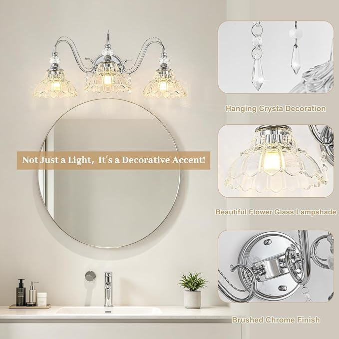 Brushed Chrome Bathroom Vanity Light, 3-Light Chrome Finish Wall Sconce with Hanging Crystal Accents and Flower-Shaped Clear Glass Shades, Modern Wall Mount Vanity Light Over Mirror for Bathroom