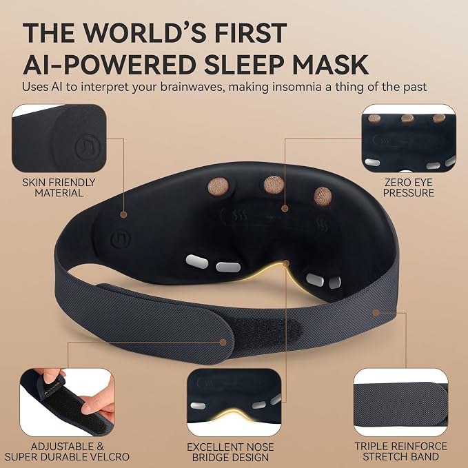 AI Smart Sleep Mask Aid Machine, Sleep Eye Mask with Sleep Monitoring, APP Control, White Noise & Meditation Music, 3D Breathable Light Blocking Eye Cover for Travel, Home, Office Naps (Black)