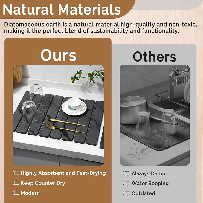 2 PCS Stone Dish Drying Mat for Kitchen Counter,Quick Dry Stone Dishes Mats,Marbled Water Absorbing Diatomaceous Earth Drying Pad for Countertop Bottles Utensils Cups（Dark Gray 20"×14" & 8"x4"）