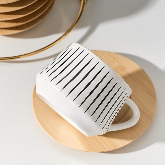 LUKA Ceramic Coffee Espresso Cups with Saucers Set with Metal Holder, 4.4 oz Porcelain Demitasse Cups For Tea, Espresso, Latte, Coffee, Cafe Mocha, Set of 6, White