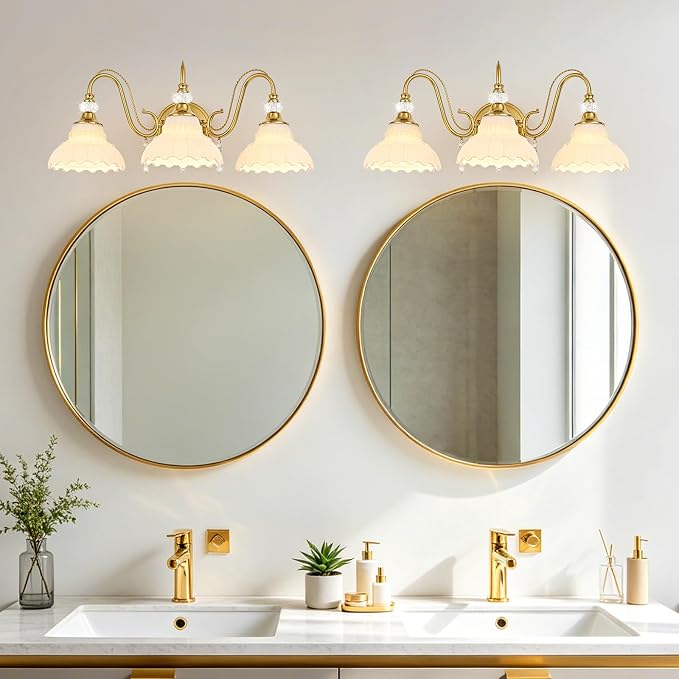 Vintage Bathroom Vanity Light, 3-Light Brushed Gold Finish Wall Sconce with Hanging Crystal Accents and Flower-Shaped White Glass Shades, Retro Wall Mount Vanity Light Over Mirror for Bathroom