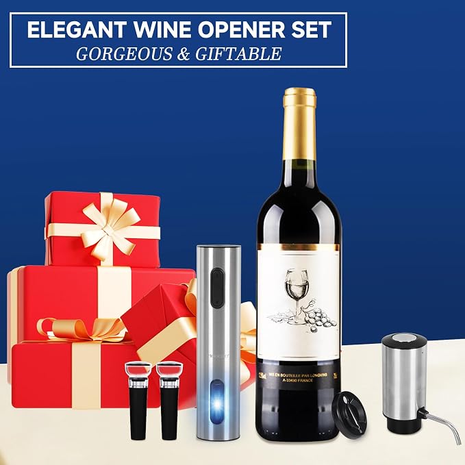 Moocoo Electric Wine Opener Gift Set, Automatic Electric Wine Bottle Corkscrew Opener Rechargeable with Foil Cutter, Automatic Aerator, 2 Vacuum Stoppers for Home Bar Outdoor Parties, Stainless Steel
