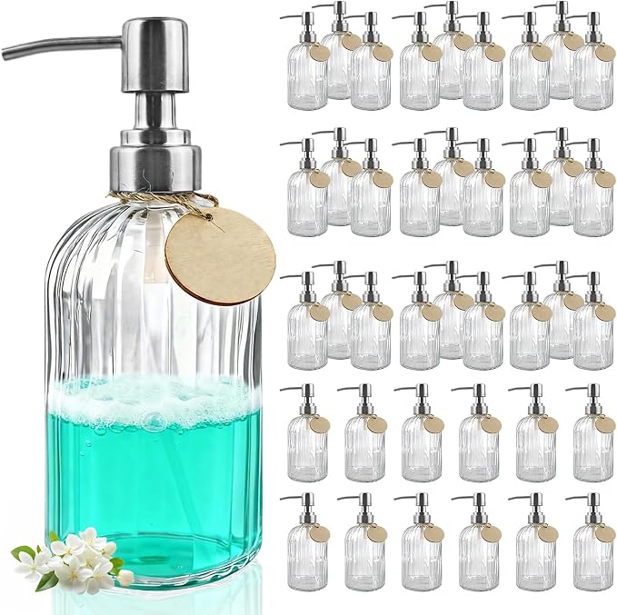 40 Pack Soap Dispenser Set with Stainless Steel Pump, Clear Glass Pump Dispenser, 18 Oz Refillable Empty Bottles for Hand Soap, Dish Soap, Shampoo&Conditioner, Kitchen Sink and Bathroom Decor.