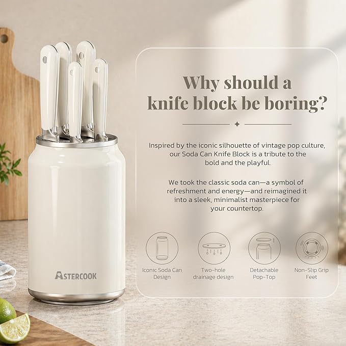 Astercook 6-Piece Kitchen Knife Set with Soda Can-Inspired Block, Full Tang High Carbon Stainless Steel Knives, Retro Cream Design, Dishwasher Safe Knife Sets & ABS Handles - Perfect Kitchen Gifts